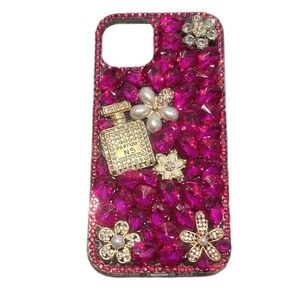 Bling iPhone 14 Plus Case Pink Rhinestone Perfume Bottle 3D Floral Crystal Cover